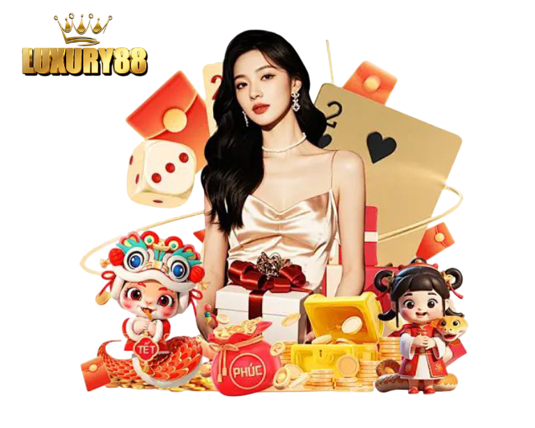 ภาพผู้หญิงแนวคาสิโนล้อมด้วยตัวการ์ตูนมงคลจีน เหรียญทอง และไพ่ ให้บรรยากาศโชคลาภ
